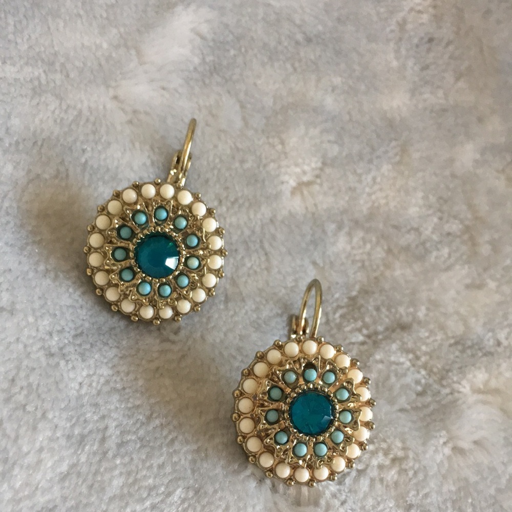 Aqua & Sand Colored Lever Back Bead Encrusted Pierced Fashion Earrings NWOT 1” - Picture 10 of 10